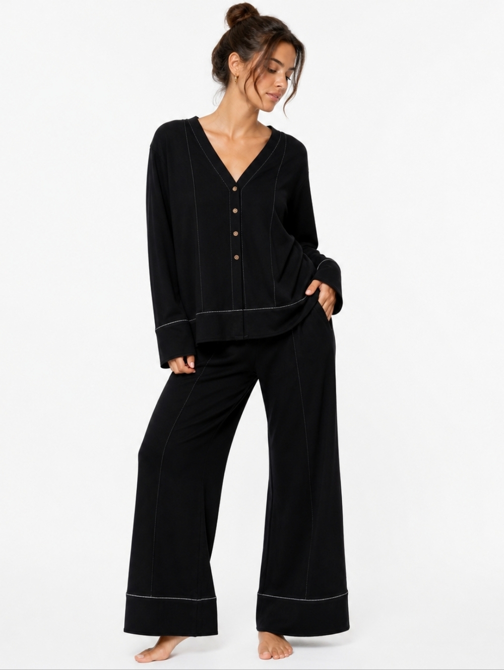 Free People Black Matching Set Button Top Wide Leg Pants Lounge Set NWT